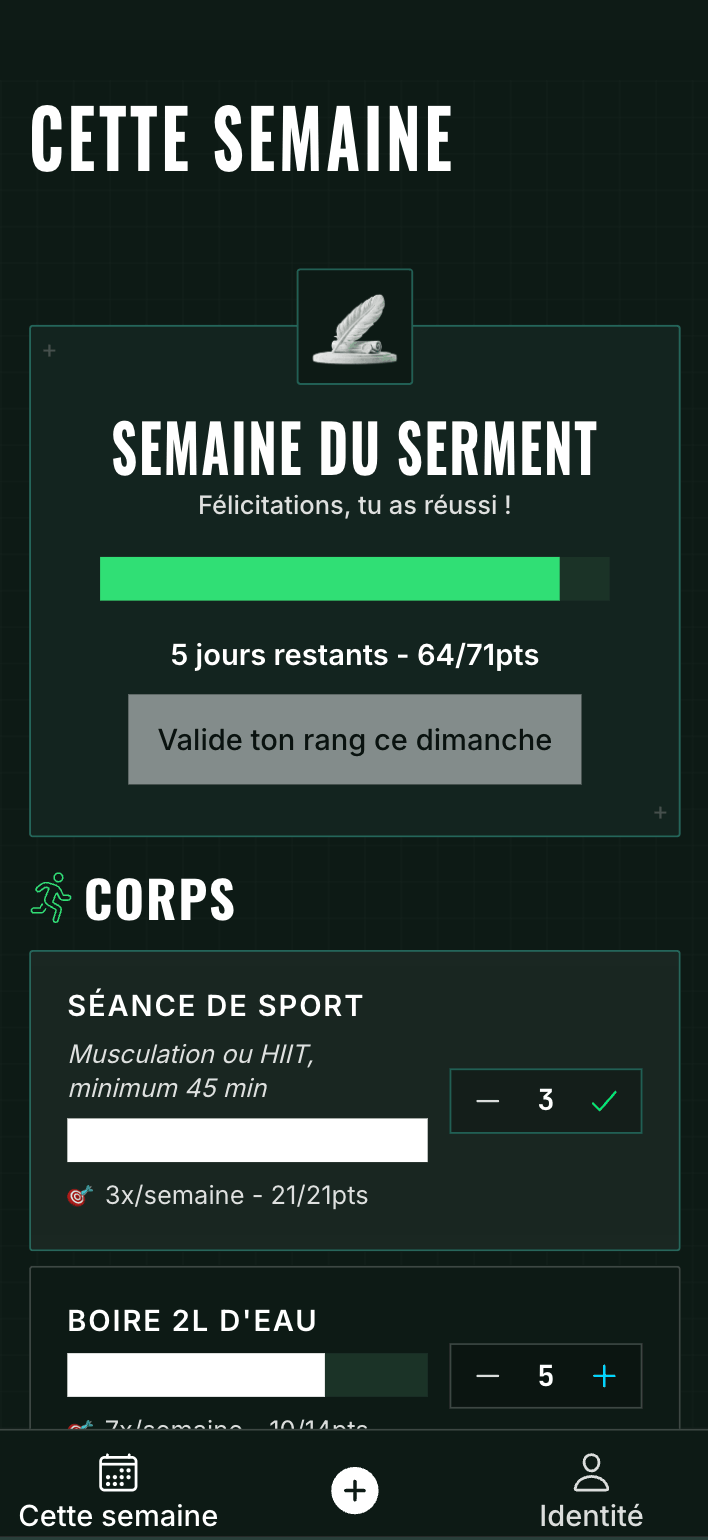 Écran Système d'Elevate : « Cette semaine » avec score 64/71pts et cards d'habitudes hebdo