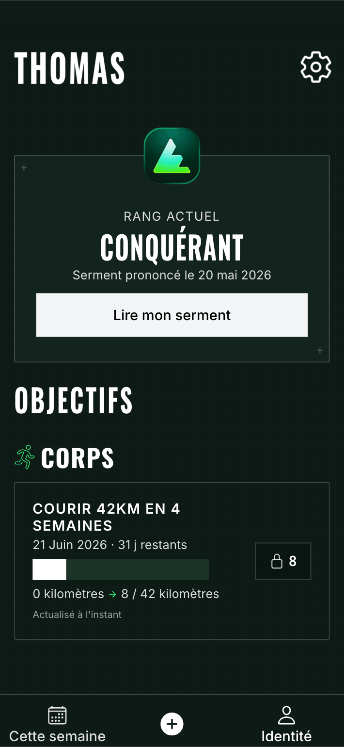 Écran Objectifs d'Elevate : objectif « Courir 42km en 4 semaines » avec progression auto