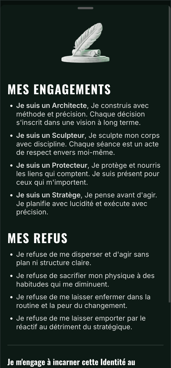 Écran Identité d'Elevate : Serment avec Mes Engagements et Mes Refus